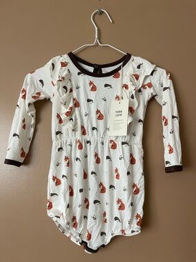 Kyte BABY Cream & Brown Fox Print Long-Sleeve bamboo Romper size 3T new w tags